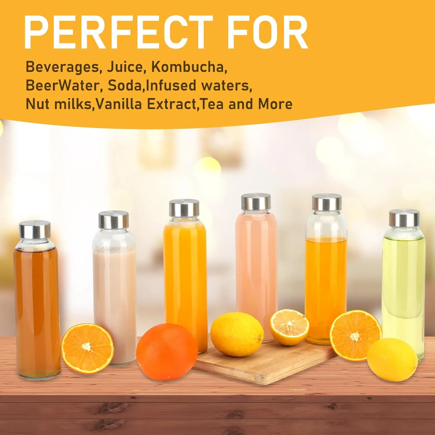 Sursip 18 oz Glass Water Bottle & Glass Juicing Bottle with Stainless Steel Lid - Reusable, BPA Free, Leak-Proof (24-Pack)