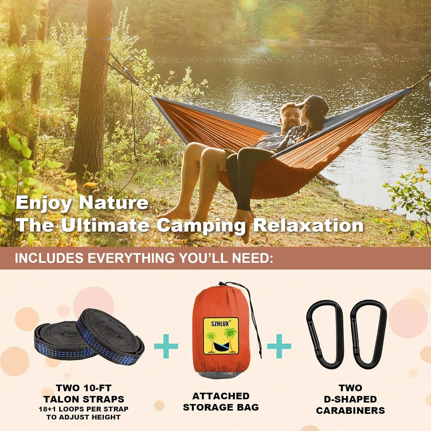 SZHLUX Camping Hammock Double Portable Hammocks Camping Accessories and Camping Gear, Great for Hiking,Outdoor,Beach,Camping