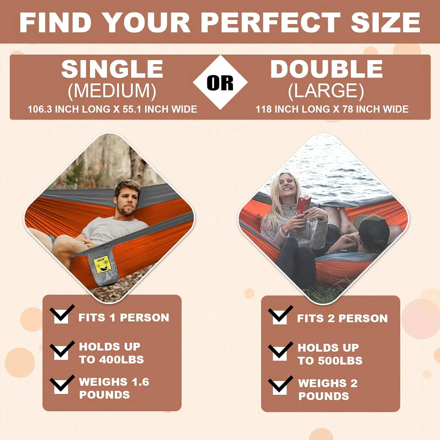 SZHLUX Camping Hammock Double Portable Hammocks Camping Accessories and Camping Gear, Great for Hiking,Outdoor,Beach,Camping