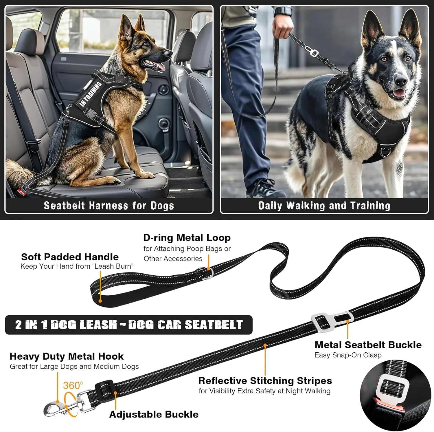 Tactical Dog Harness and Leash Set for Large Dogs,Heavy Duty No Pull Service Dog Vest and 10 Patches with Dog Seat Belt,Reflective Adjustable Pet Harness for Training Walking Hiking Black L