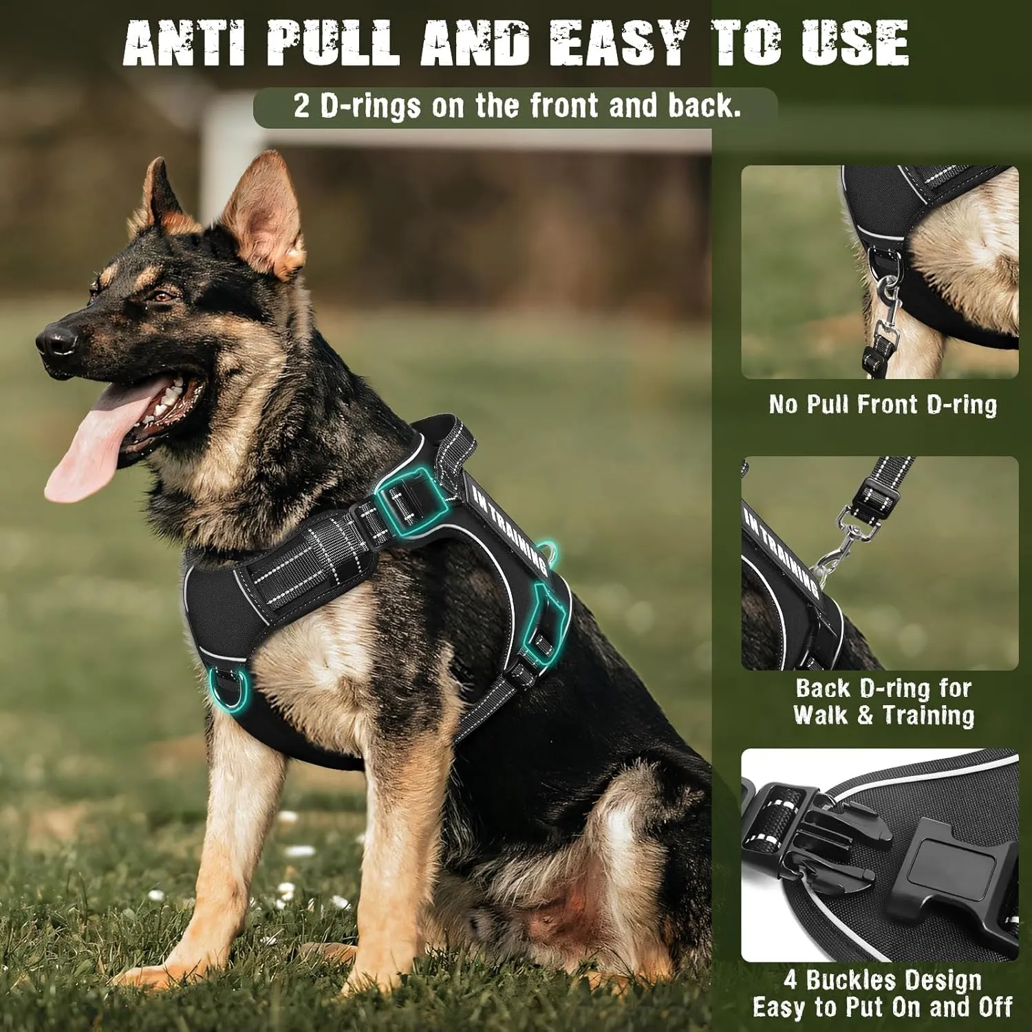Tactical Dog Harness and Leash Set for Large Dogs,Heavy Duty No Pull Service Dog Vest and 10 Patches with Dog Seat Belt,Reflective Adjustable Pet Harness for Training Walking Hiking Black L