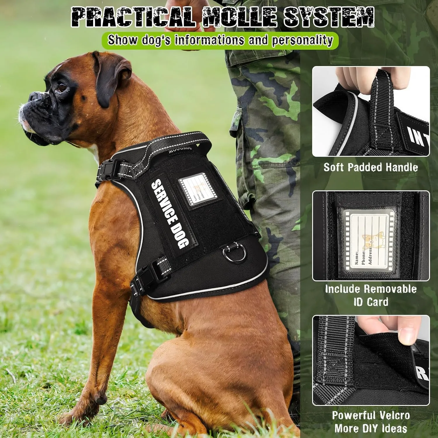 Tactical Dog Harness and Leash Set for Large Dogs,Heavy Duty No Pull Service Dog Vest and 10 Patches with Dog Seat Belt,Reflective Adjustable Pet Harness for Training Walking Hiking Black L