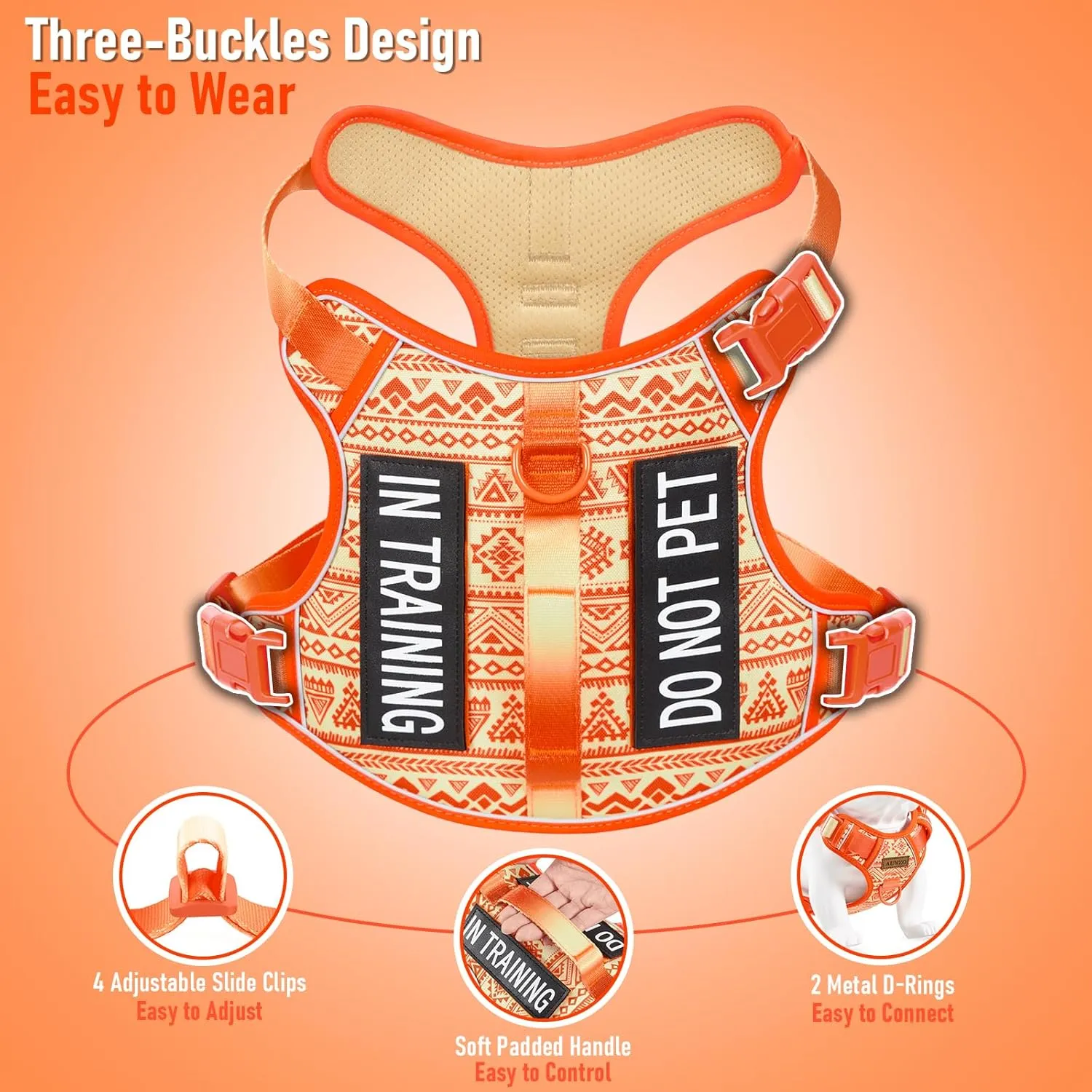 Tactical Dog Vest Harness No Pull Easy Walker Pet Harness for Walking Training Hiking for M Sized Dogs with 2 Leash Clips 3 Buckles Reflective Strip Soft Padded Handle, Tribal, French Bulldog
