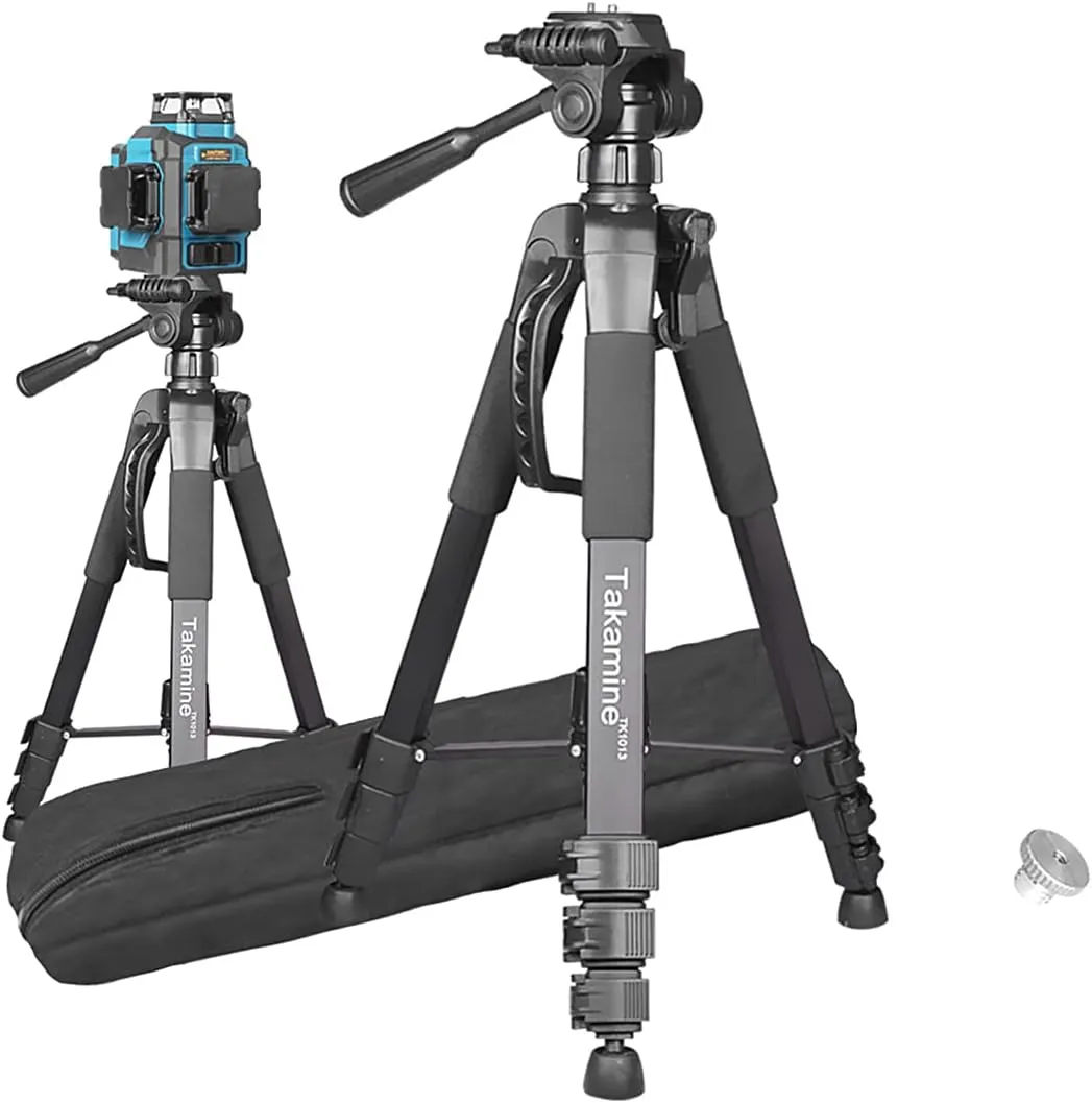 Takamine 63" Lightweight Adjustable Laser Level Aluminum Tripod with Portable Handle, Bubble Level, Quick Release Plate with 1/4" Screw Mount & 5/8" UNF Adapter Nut, 3-Way Swivel Pan Head