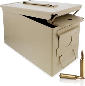 Tan .50 Caliber Ammunition Flip Top Lockable Storage Box - Waterproof Metal Military Ammo Can Container - Airtight Latching Dry Box Bullet Case Steel Field Box
