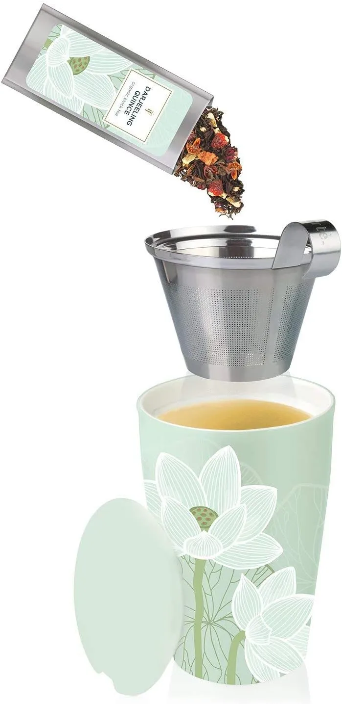 Tea Forte Lotus Double-Walled Ceramic Kati Cup with Removable Stainless Steel Infuser Basket and Lid, Steeps 12 oz Loose Leaf Tea, Lid and Cup Dishwasher & Microwave Safe