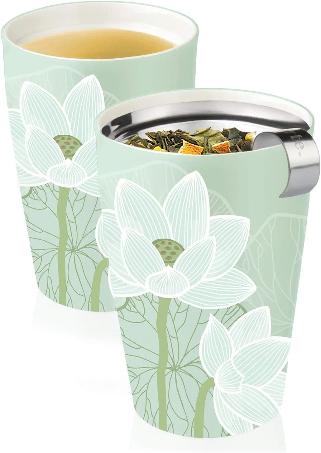 Tea Forte Lotus Double-Walled Ceramic Kati Cup with Removable Stainless Steel Infuser Basket and Lid, Steeps 12 oz Loose Leaf Tea, Lid and Cup Dishwasher & Microwave Safe