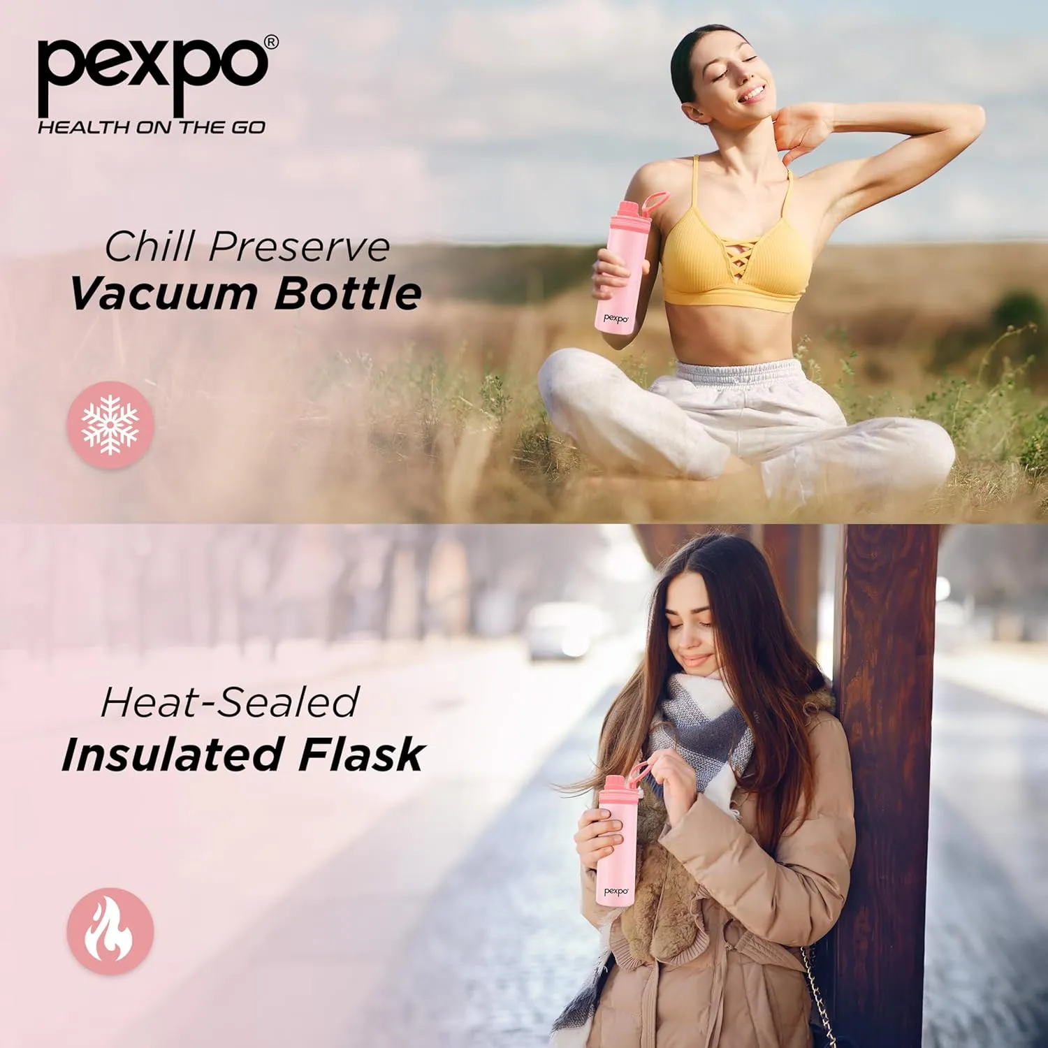 Texas Stainless Steel Hot & Cold Vacuum Insulated Flask, 500ml, 16 oz Baby Pink| Leak Proof | Easy to Carry Loop Handle | Sports Water Bottle | Trekking | Gym | Office | Home | Kitchen
