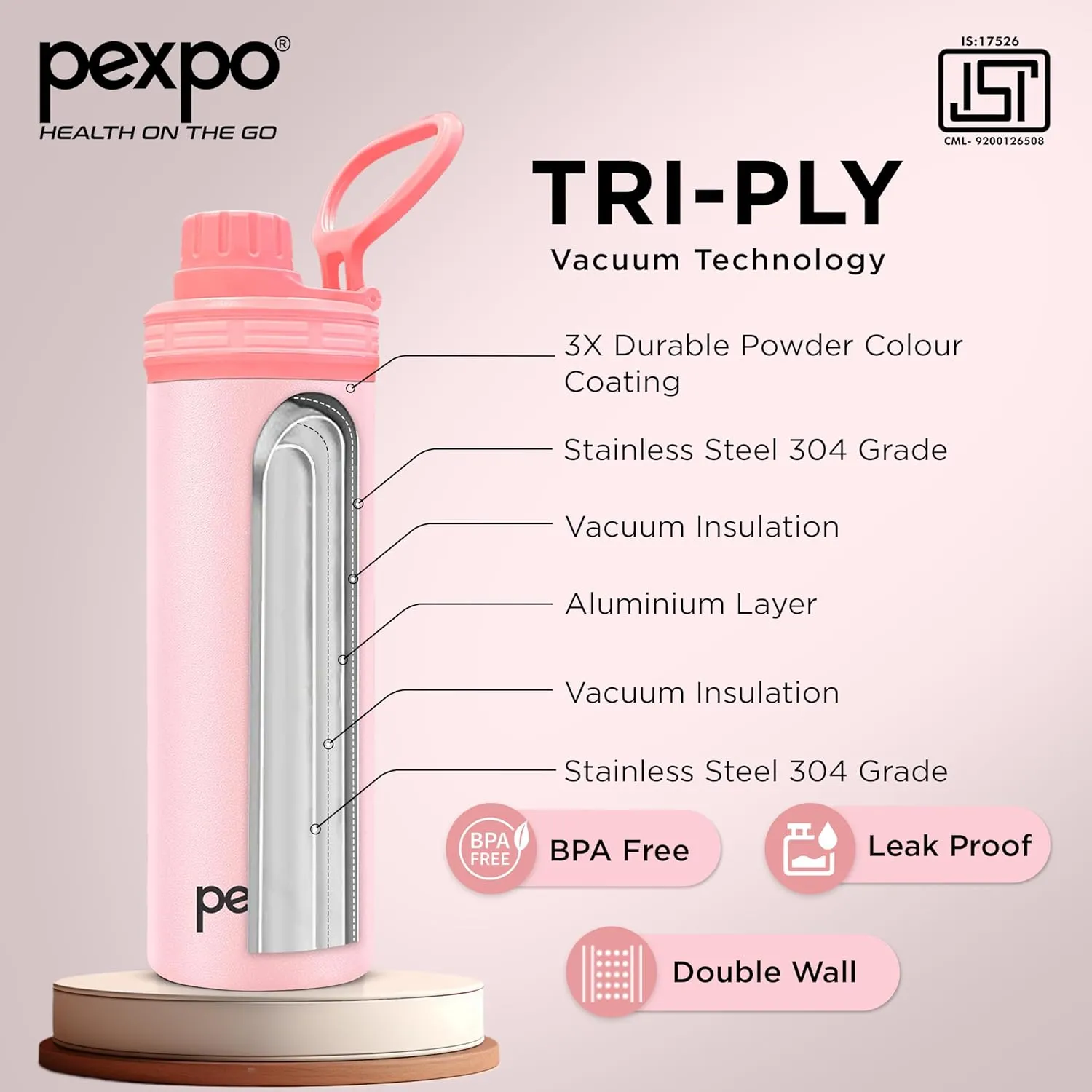 Texas Stainless Steel Hot & Cold Vacuum Insulated Flask, 500ml, 16 oz Baby Pink| Leak Proof | Easy to Carry Loop Handle | Sports Water Bottle | Trekking | Gym | Office | Home | Kitchen