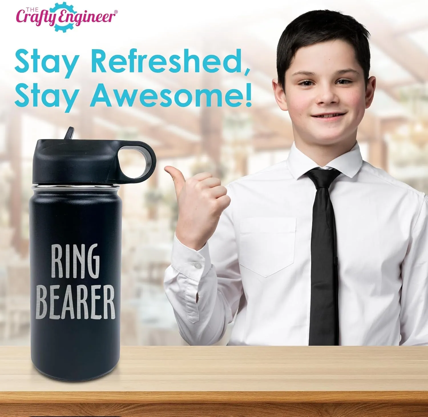 The Crafty Engineer 12 oz Kids Water Bottle - Black (Ring Bearer) - Insulated, Durable, Easy-to-Use, Perfect for School, Sports, Special Occasions