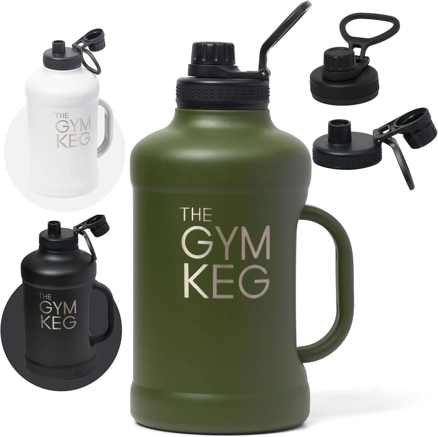 The Gym Keg Insulated Water Bottle - 64 oz Large Capacity - 24 Hrs Cold, 12 Hrs Warm - Wide Mouth - Stainless Steel - Sturdy with Handle - Metal Water Bottle - Rainforest Green