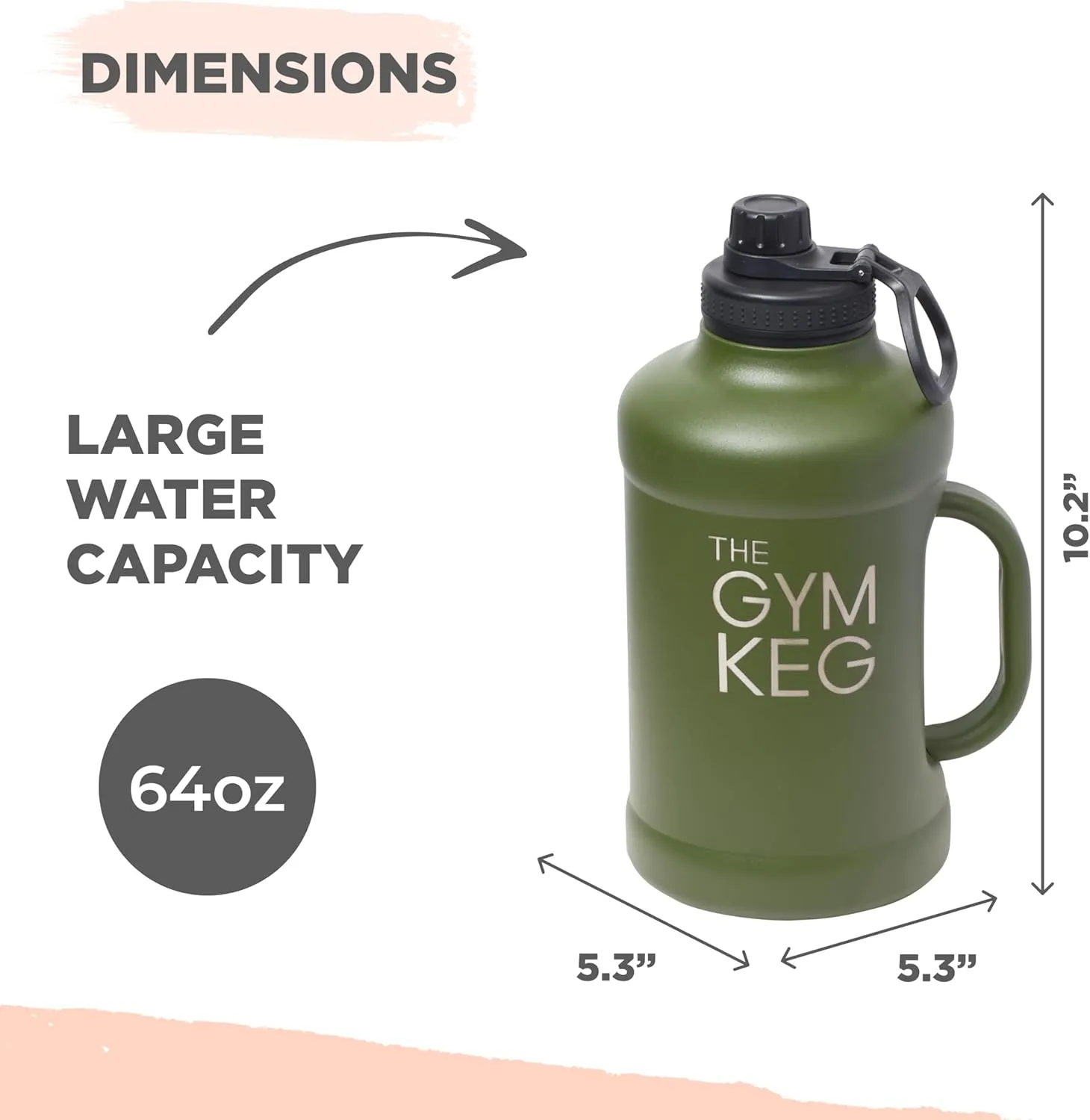 The Gym Keg Insulated Water Bottle - 64 oz Large Capacity - 24 Hrs Cold, 12 Hrs Warm - Wide Mouth - Stainless Steel - Sturdy with Handle - Metal Water Bottle - Rainforest Green