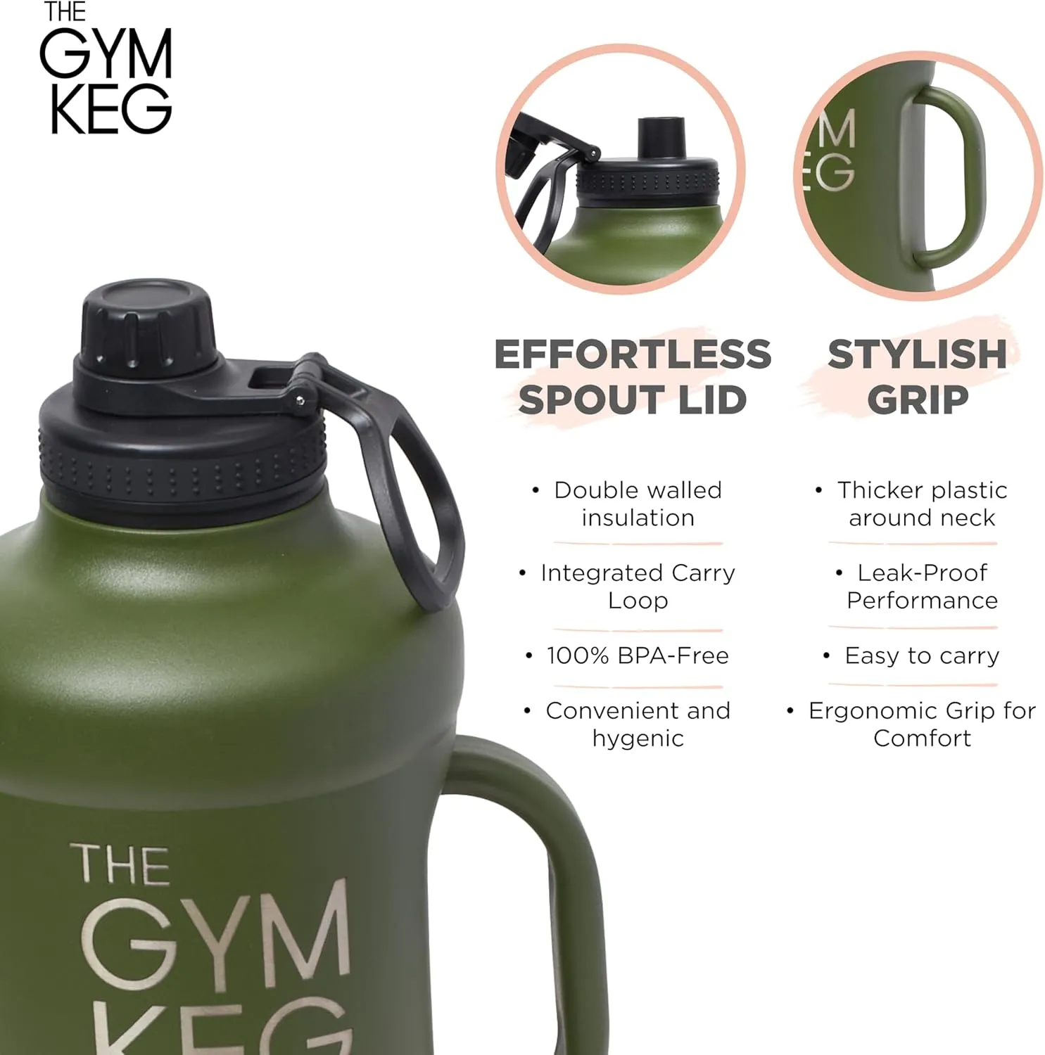 The Gym Keg Insulated Water Bottle - 64 oz Large Capacity - 24 Hrs Cold, 12 Hrs Warm - Wide Mouth - Stainless Steel - Sturdy with Handle - Metal Water Bottle - Rainforest Green