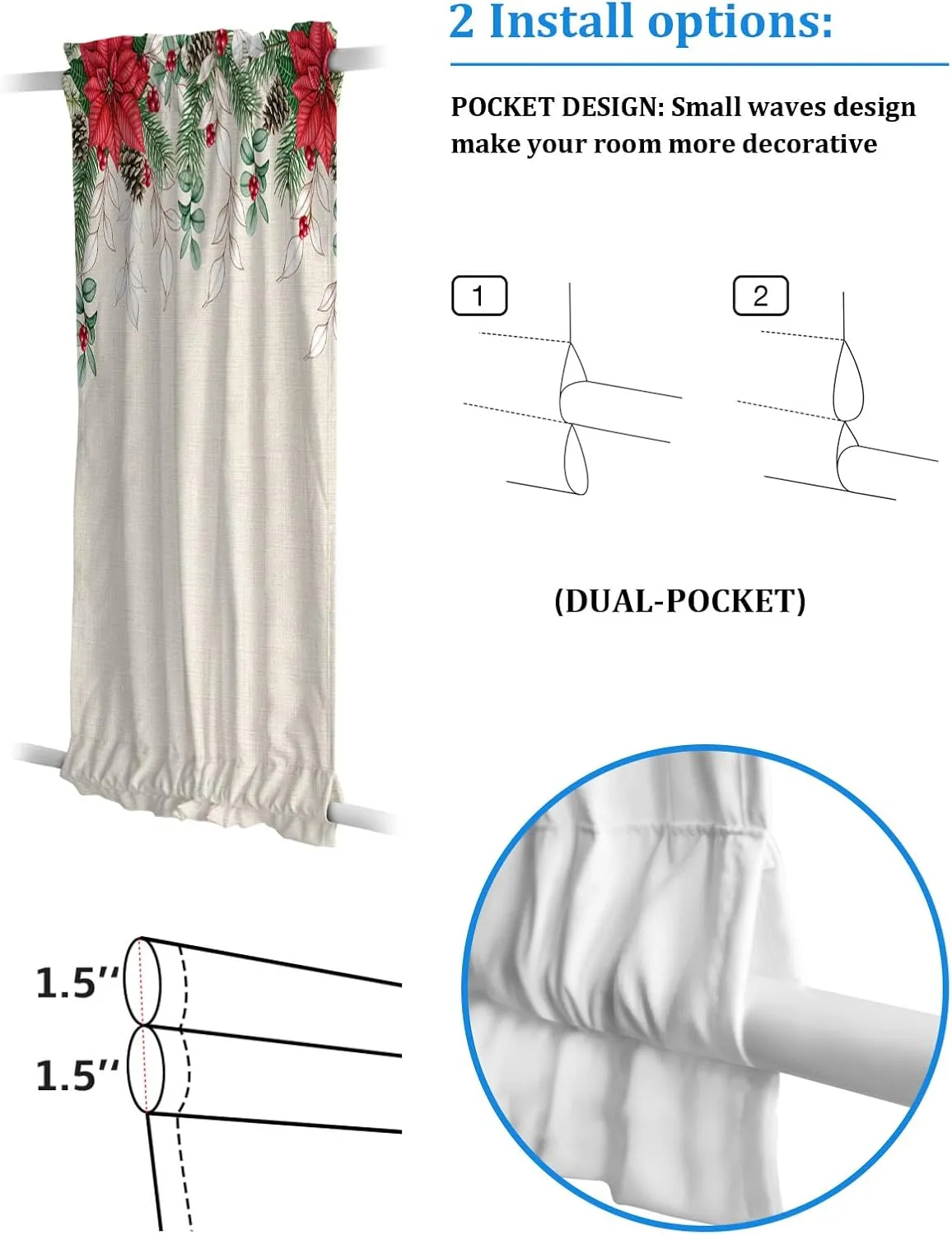 Thermal Insulated Blackout Door Drapes with Curtain Tie Up, Xmas Poinsettia and Pine Tree Berries Eucalyptus Leaves Door Curtain for Bedroom Window/Living Room/Doorways 25x72inch