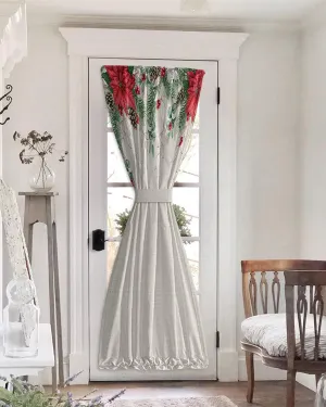 Thermal Insulated Blackout Door Drapes with Curtain Tie Up, Xmas Poinsettia and Pine Tree Berries Eucalyptus Leaves Door Curtain for Bedroom Window/Living Room/Doorways 25x72inch