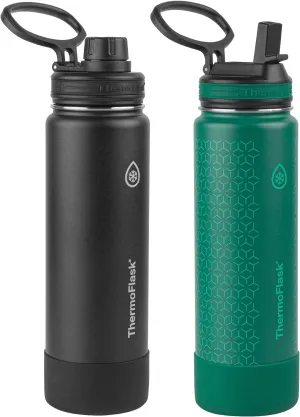 ThermoFlask 24 oz Double Wall Vacuum Insulated Stainless Steel 2-Pack of Water Bottles, Black / Malachite