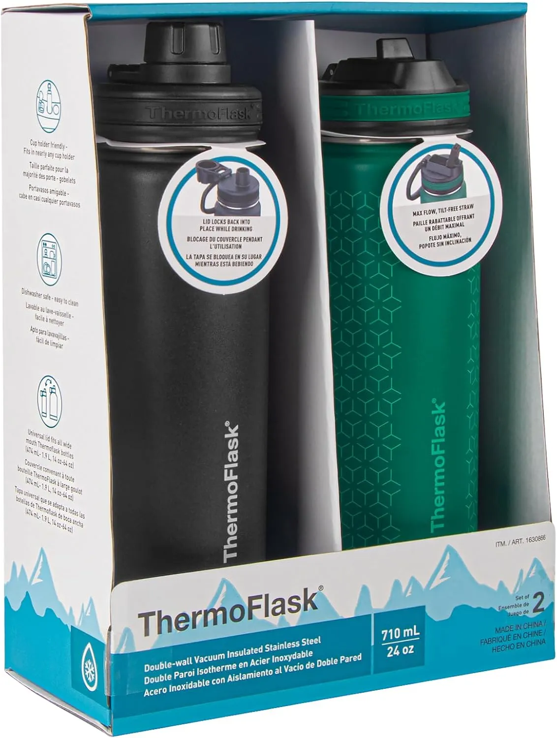ThermoFlask 24 oz Double Wall Vacuum Insulated Stainless Steel 2-Pack of Water Bottles, Black / Malachite