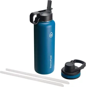 ThermoFlask Bottle with Chug Lid & Straw Lid - Insulated Stainless Steel Water Bottle with Leak-Proof Lids - Dishwasher-Safe Reusable Bottle & Lids - Durable Bottle, 2 Straws & 2 Lids - 40 oz, Cobalt