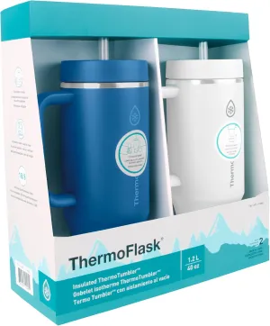 Thermoflask Tumbler - BPA-Free Water Tumblers with Handles - Durable, Reusable Tumblers with Plastic Lids & Straws - Travel Water Container with Temp-Lock Technology - 40 oz, Blue/White (2 Pack)