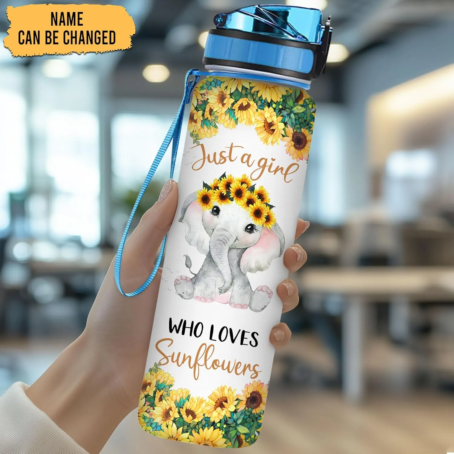 TheSunCozy Personalized Just A Girl Who Loves Sunflowers Elephant Inspiration 32oz 1Liter Motivational Water Bottle, Customized Name Tracking Sunflower Bottle Gifts For Women, 5.7 x 7 x 29.5(cm)