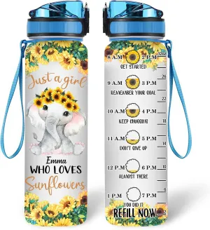 TheSunCozy Personalized Just A Girl Who Loves Sunflowers Elephant Inspiration 32oz 1Liter Motivational Water Bottle, Customized Name Tracking Sunflower Bottle Gifts For Women, 5.7 x 7 x 29.5(cm)