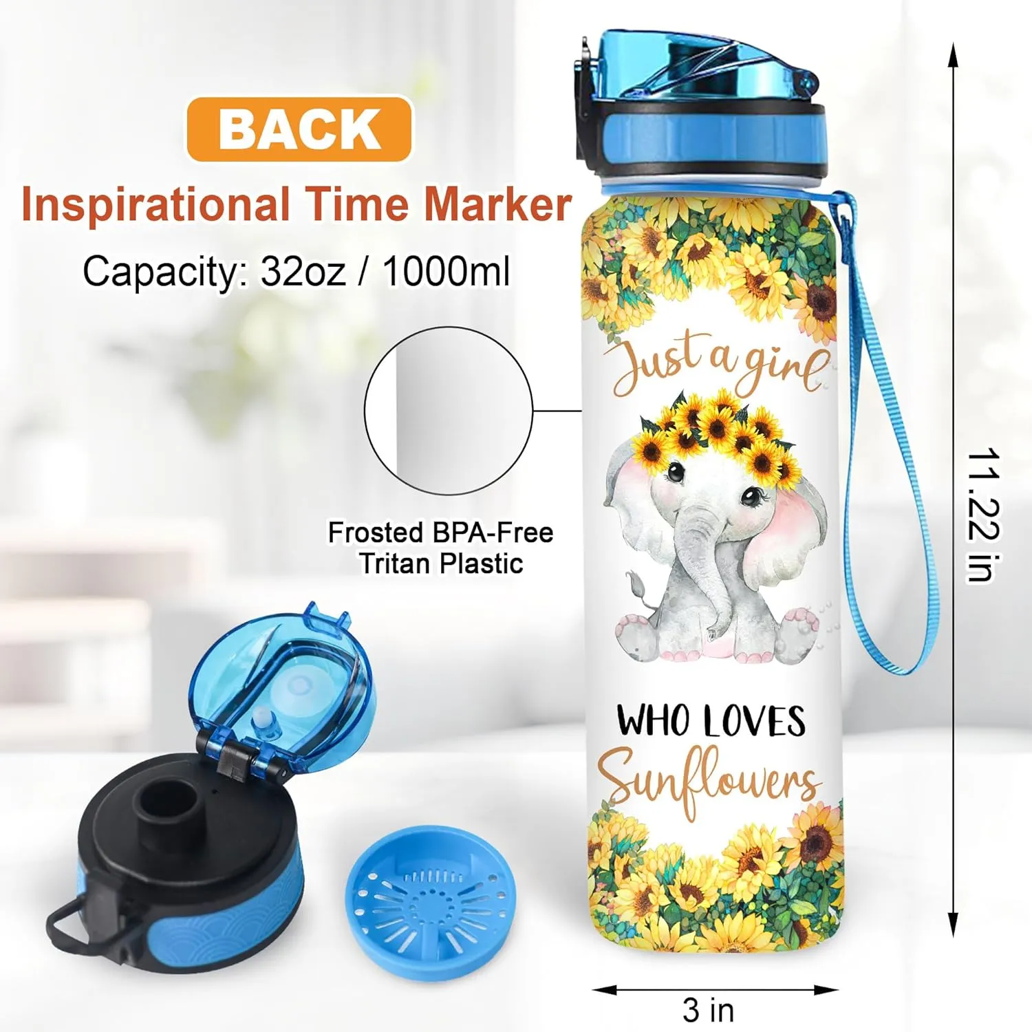 TheSunCozy Personalized Just A Girl Who Loves Sunflowers Elephant Inspiration 32oz 1Liter Motivational Water Bottle, Customized Name Tracking Sunflower Bottle Gifts For Women, 5.7 x 7 x 29.5(cm)