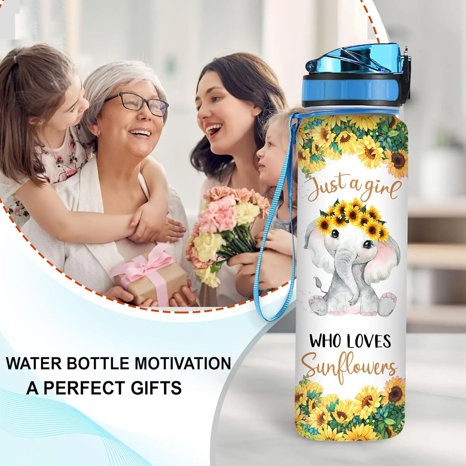 TheSunCozy Personalized Just A Girl Who Loves Sunflowers Elephant Inspiration 32oz 1Liter Motivational Water Bottle, Customized Name Tracking Sunflower Bottle Gifts For Women, 5.7 x 7 x 29.5(cm)