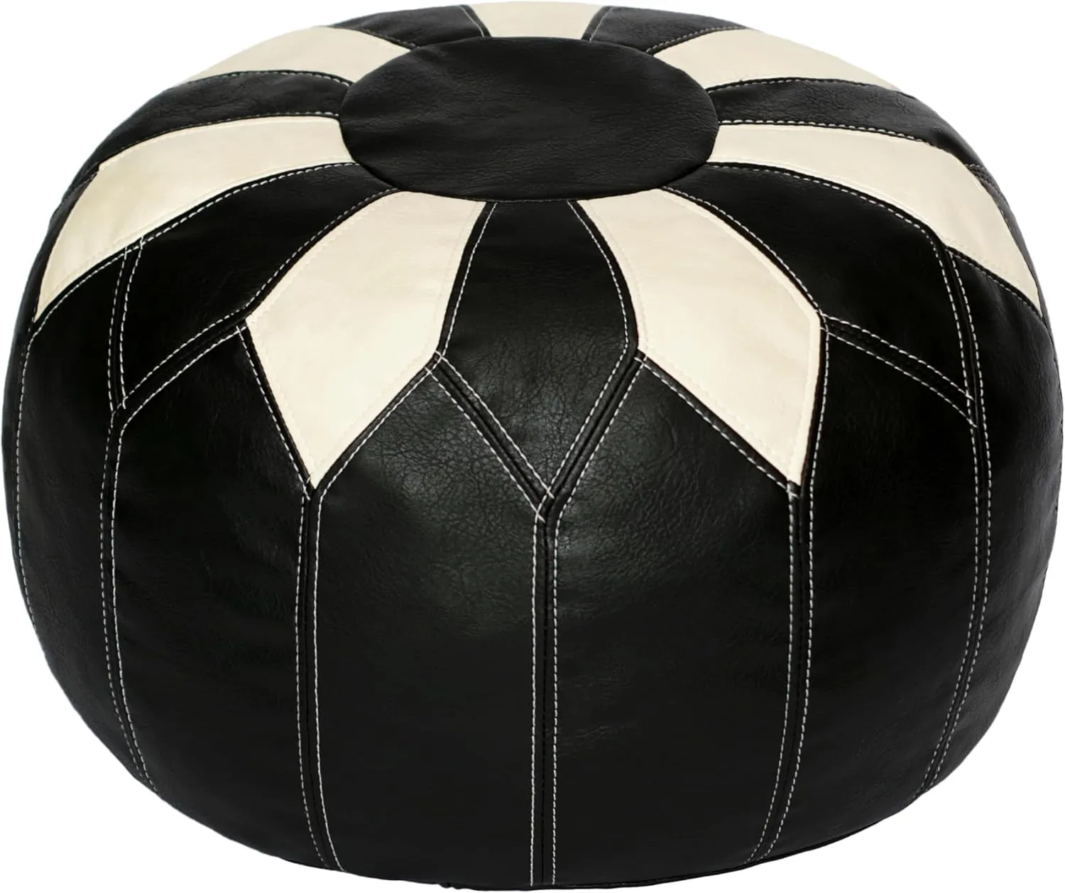 Thgonwid Unstuffed Moroccan Faux Leather Pouf Ottoman with Storage - Handmade Boho Chic Multi-Use Footrest for Living Room, Bedroom, Patio - Round Ethnic Floor Cushion & Decorative Accent, Black&White
