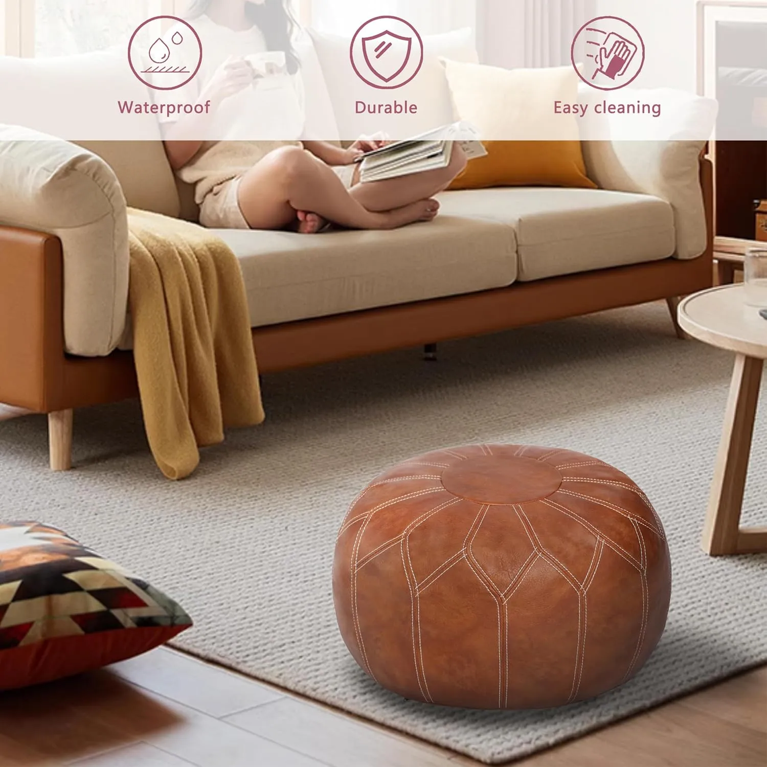 Thgonwid Unstuffed Moroccan Faux Leather Pouf Ottoman with Storage - Handmade Boho Chic Multi-Use Footrest for Living Room, Bedroom, Patio - Round Ethnic Floor Cushion & Decorative Accent, Brown