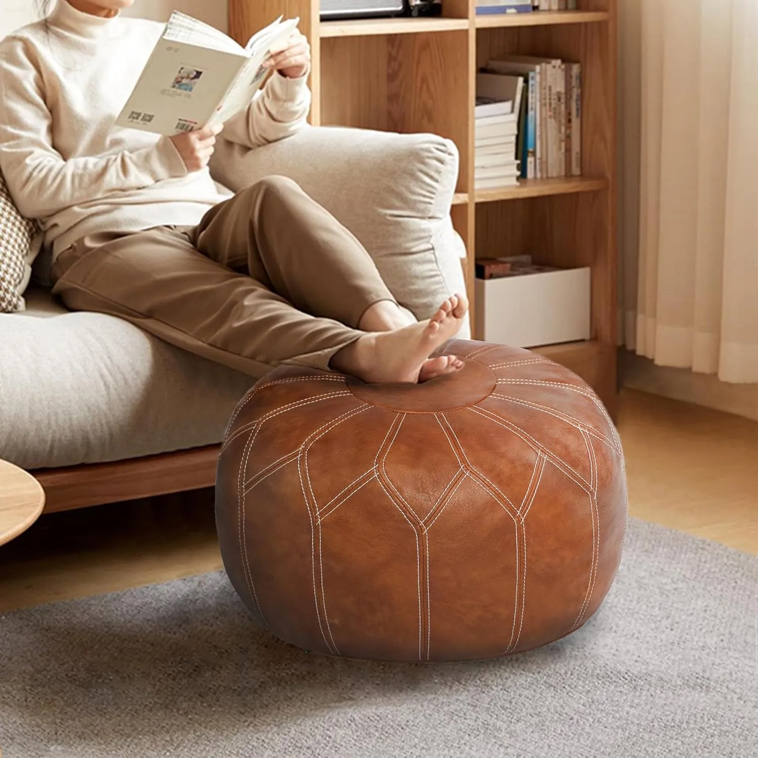Thgonwid Unstuffed Moroccan Faux Leather Pouf Ottoman with Storage - Handmade Boho Chic Multi-Use Footrest for Living Room, Bedroom, Patio - Round Ethnic Floor Cushion & Decorative Accent, Brown