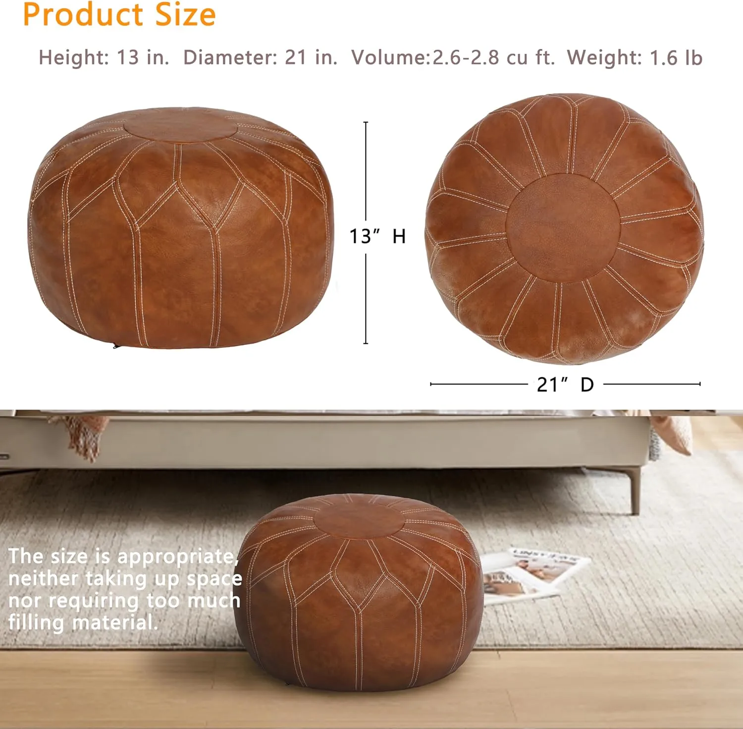 Thgonwid Unstuffed Moroccan Faux Leather Pouf Ottoman with Storage - Handmade Boho Chic Multi-Use Footrest for Living Room, Bedroom, Patio - Round Ethnic Floor Cushion & Decorative Accent, Brown