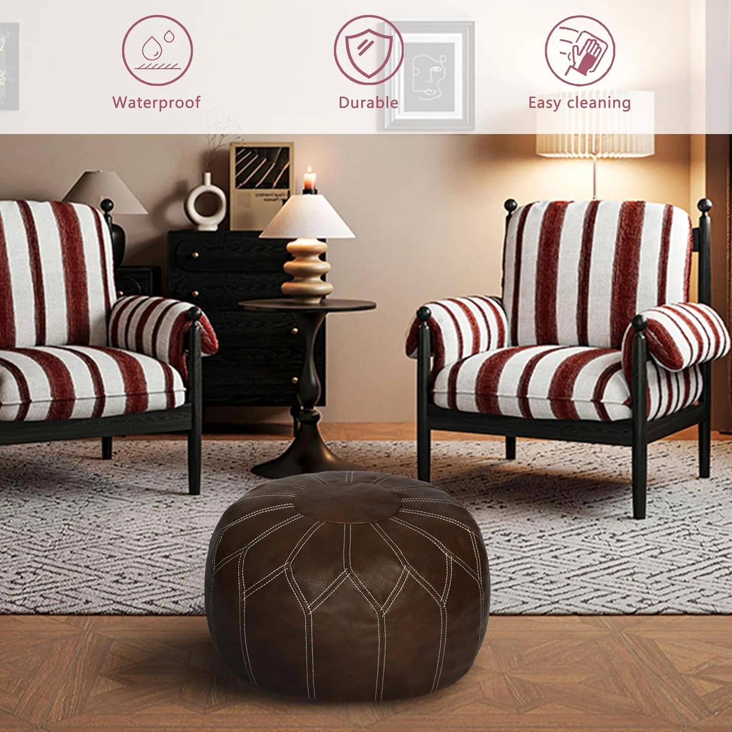 Thgonwid Unstuffed Moroccan Faux Leather Pouf Ottoman with Storage - Handmade Boho Chic Multi-Use Footrest for Living Room, Bedroom, Patio - Round Ethnic Floor Cushion & Decorative Accent, Deep Coffee