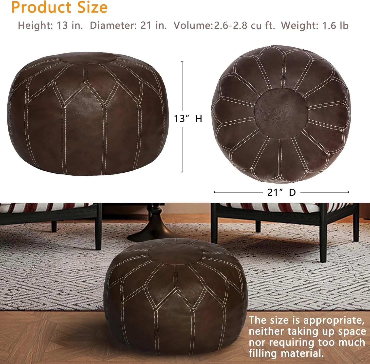 Thgonwid Unstuffed Moroccan Faux Leather Pouf Ottoman with Storage - Handmade Boho Chic Multi-Use Footrest for Living Room, Bedroom, Patio - Round Ethnic Floor Cushion & Decorative Accent, Deep Coffee
