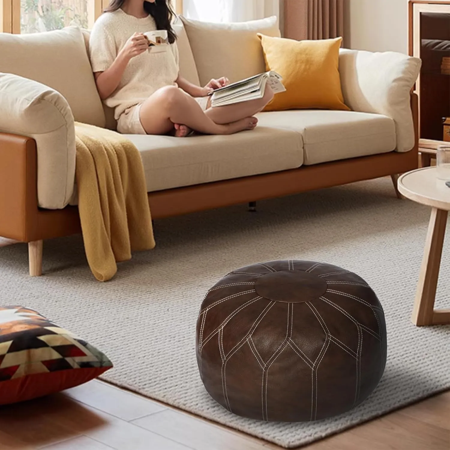 Thgonwid Unstuffed Moroccan Faux Leather Pouf Ottoman with Storage - Handmade Boho Chic Multi-Use Footrest for Living Room, Bedroom, Patio - Round Ethnic Floor Cushion & Decorative Accent, Deep Coffee