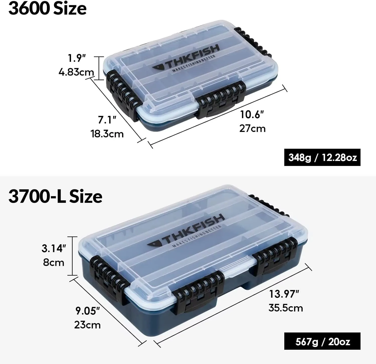 THKFISH Fishing Tackle Box 3600/3700 Tackle Tray Floating Fishing Lure Box Storage Organizer Small Plastic Box with Adjustable Dividers,Sun-Proof 3600-3700L-2PCS
