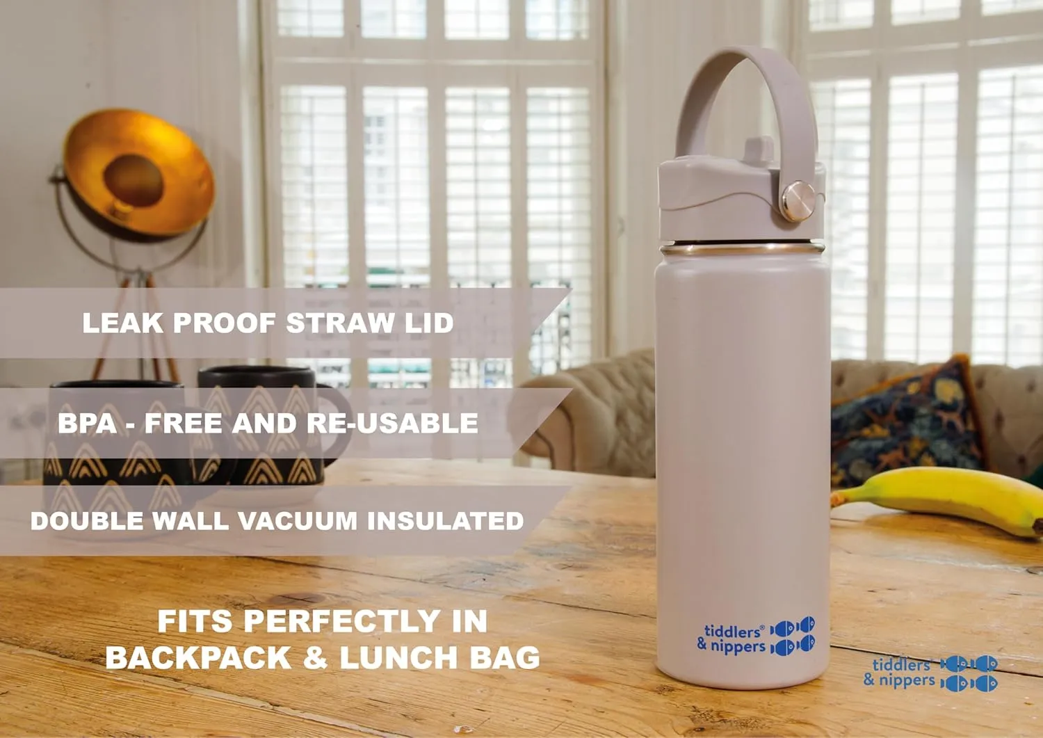tiddlers & nippers 18oz Stainless Steel Vacuum Insulated Double Wall Kids Reusable Water Bottle with Leak Proof Straw 500ml | Keeps Cool for 24hrs & Warm for 10hrs   (Plain Gray)