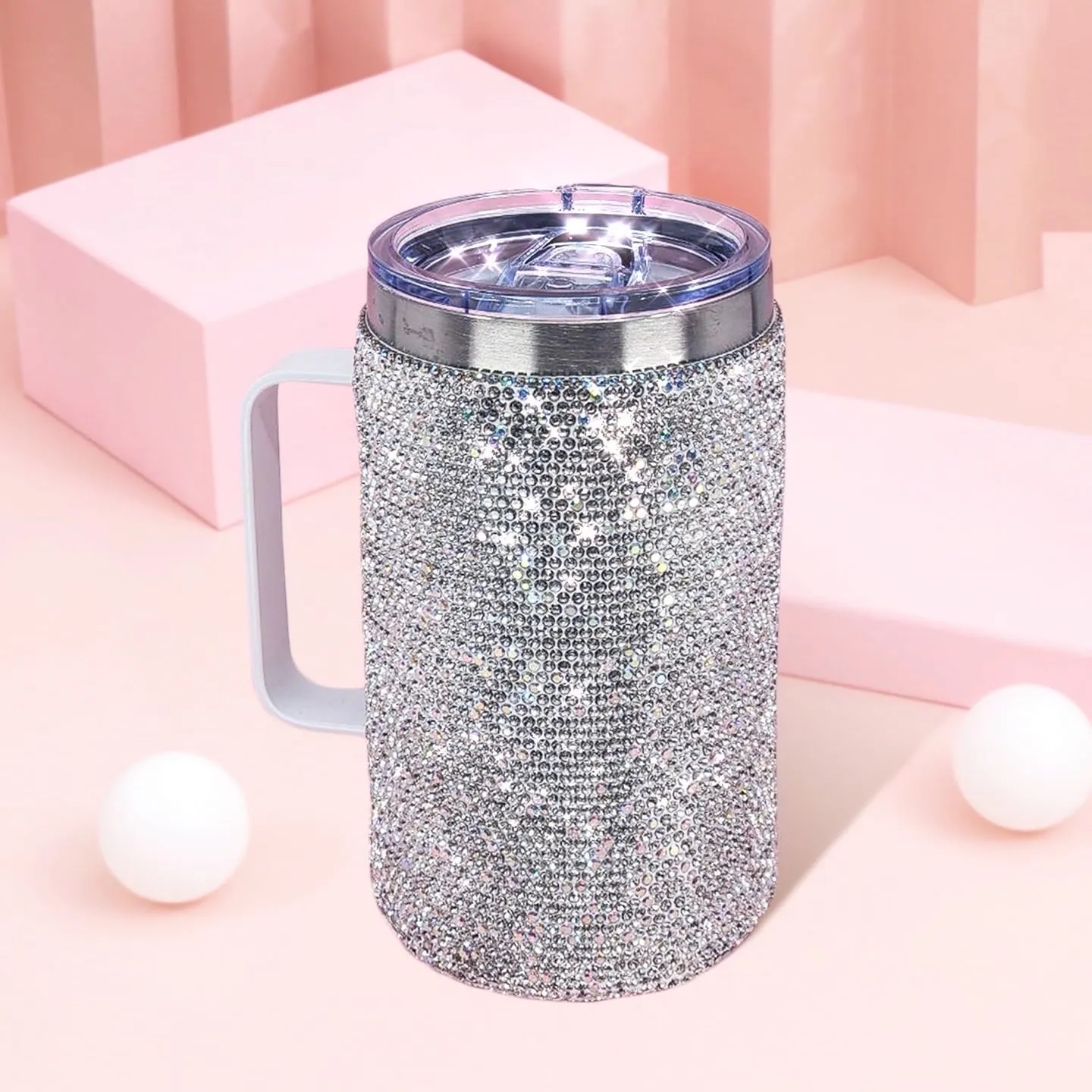 TISHAA Bling Dazzling Rhinestone Stylish 750 mL Vacuum Insulated Stainless Steel Travel Water Bottle Cup Thermos Mug with Handle Lid (White)