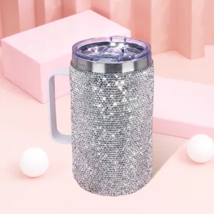 TISHAA Bling Dazzling Rhinestone Stylish 750 mL Vacuum Insulated Stainless Steel Travel Water Bottle Cup Thermos Mug with Handle Lid (White)