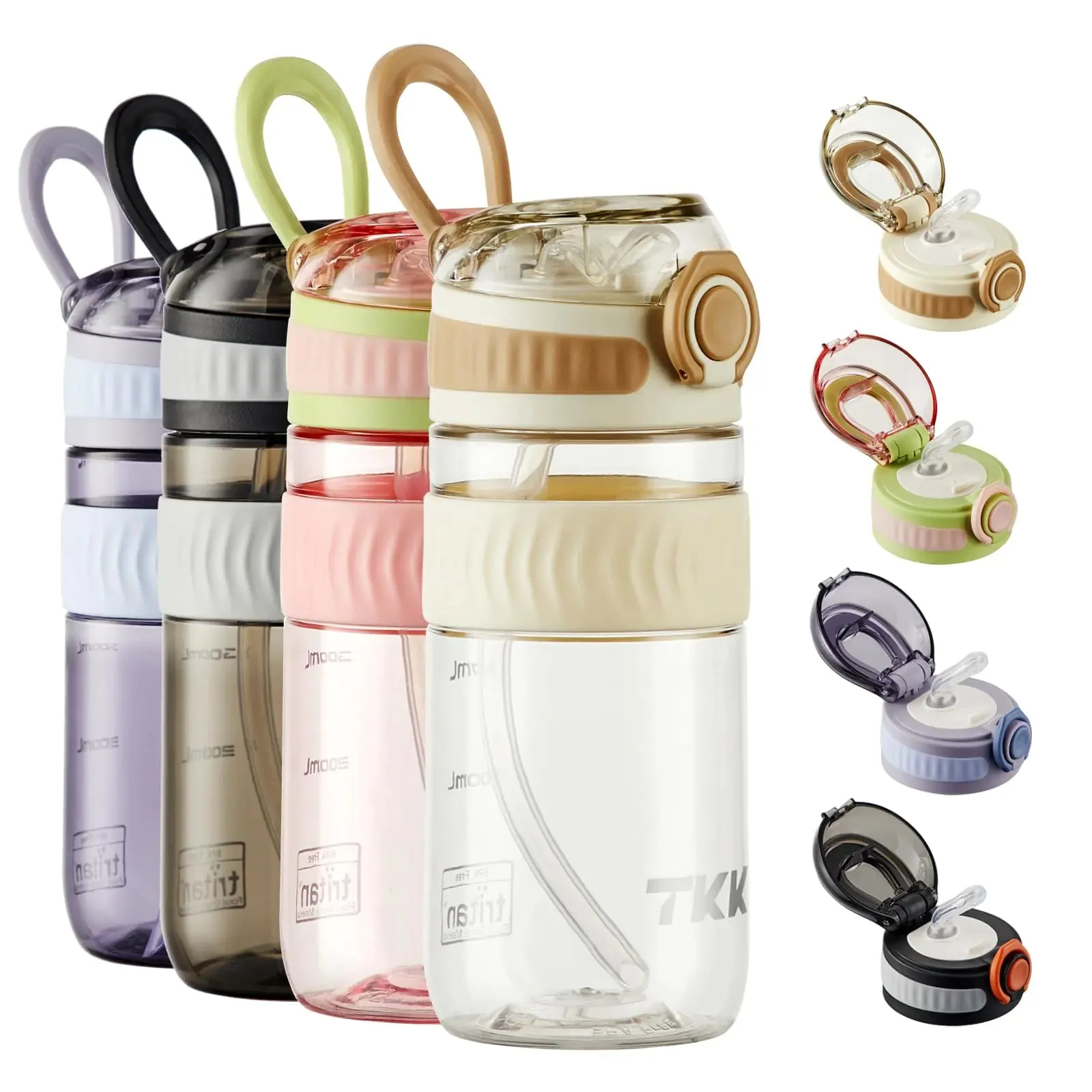TKK 18oz Kids Water Bottles with Straw Lid & Carry Handle Pop Button BPA Free Leak Proof Water Bottle for School Beige