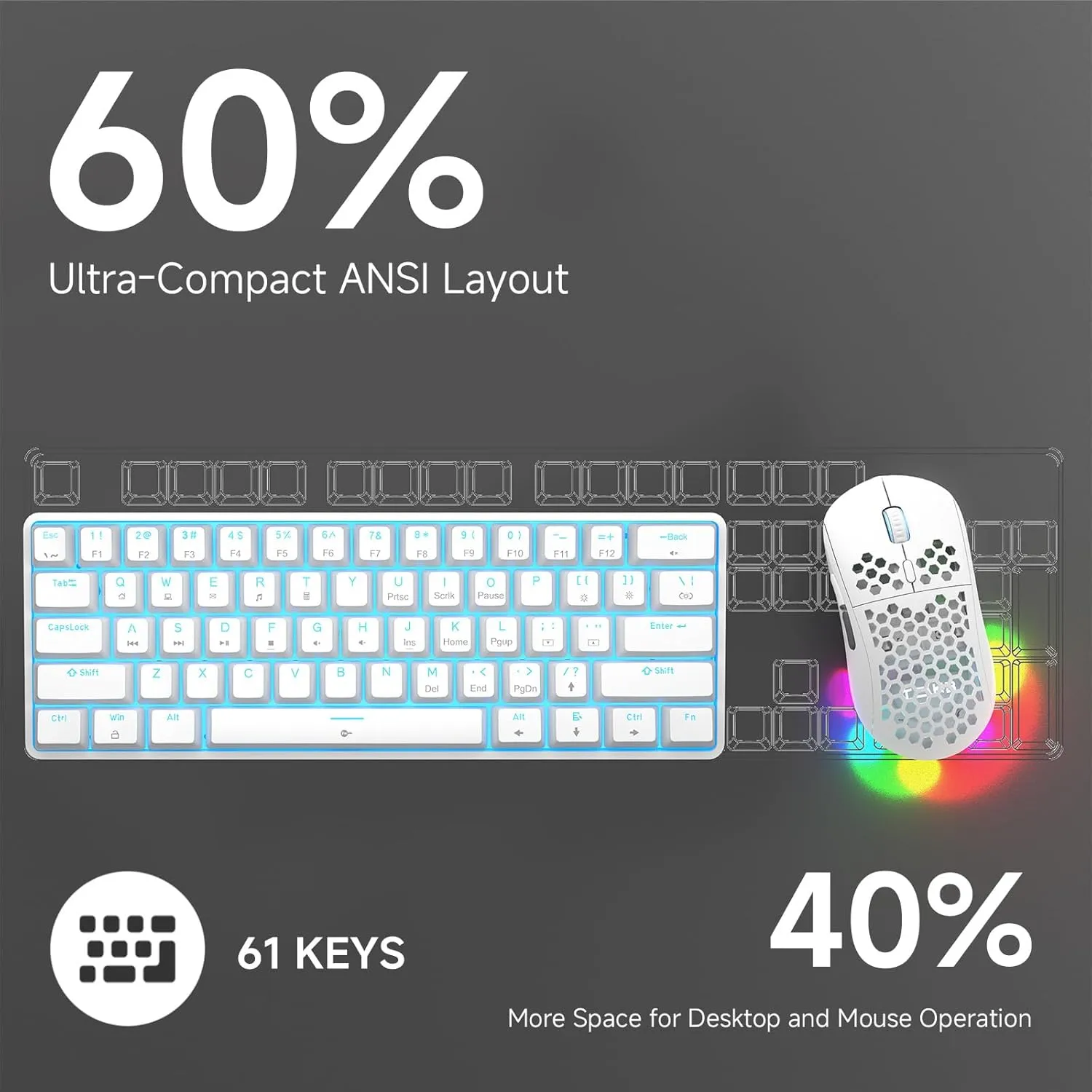 TMKB 60% Mechanical Gaming Keyboard, Red Linear Switch, LED Backlight, Anti-Ghosting, Detachable USB-C, Double-Shot Keycaps, 61 Keys, Wired, White