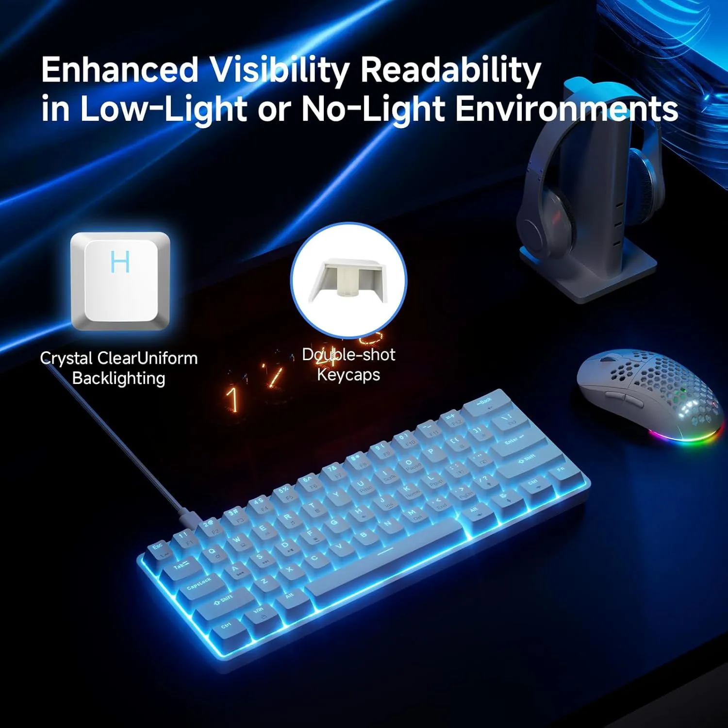 TMKB 60% Mechanical Gaming Keyboard, Red Linear Switch, LED Backlight, Anti-Ghosting, Detachable USB-C, Double-Shot Keycaps, 61 Keys, Wired, White