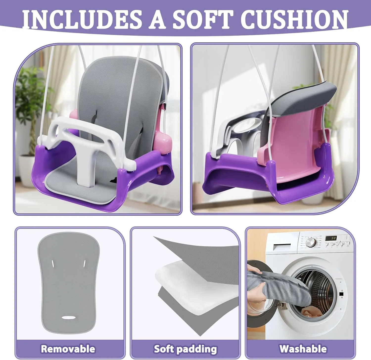 Toddler Swing with Soft Cushion, Foldable Indoor & Outdoor Baby Swing, Easy to Install & Store for Backyard Play (Pink)