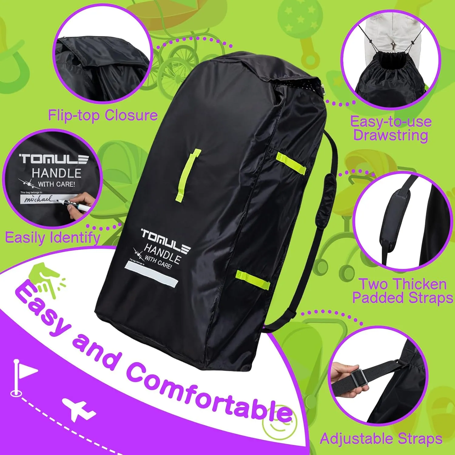 TOMULE Gate Check Stroller Bag for Airplane Travel,Waterproof Stroller Cover for Airplane Travel XL,Double Stroller Travel Bag for Airplane Padded(fits All Stroller, Black)