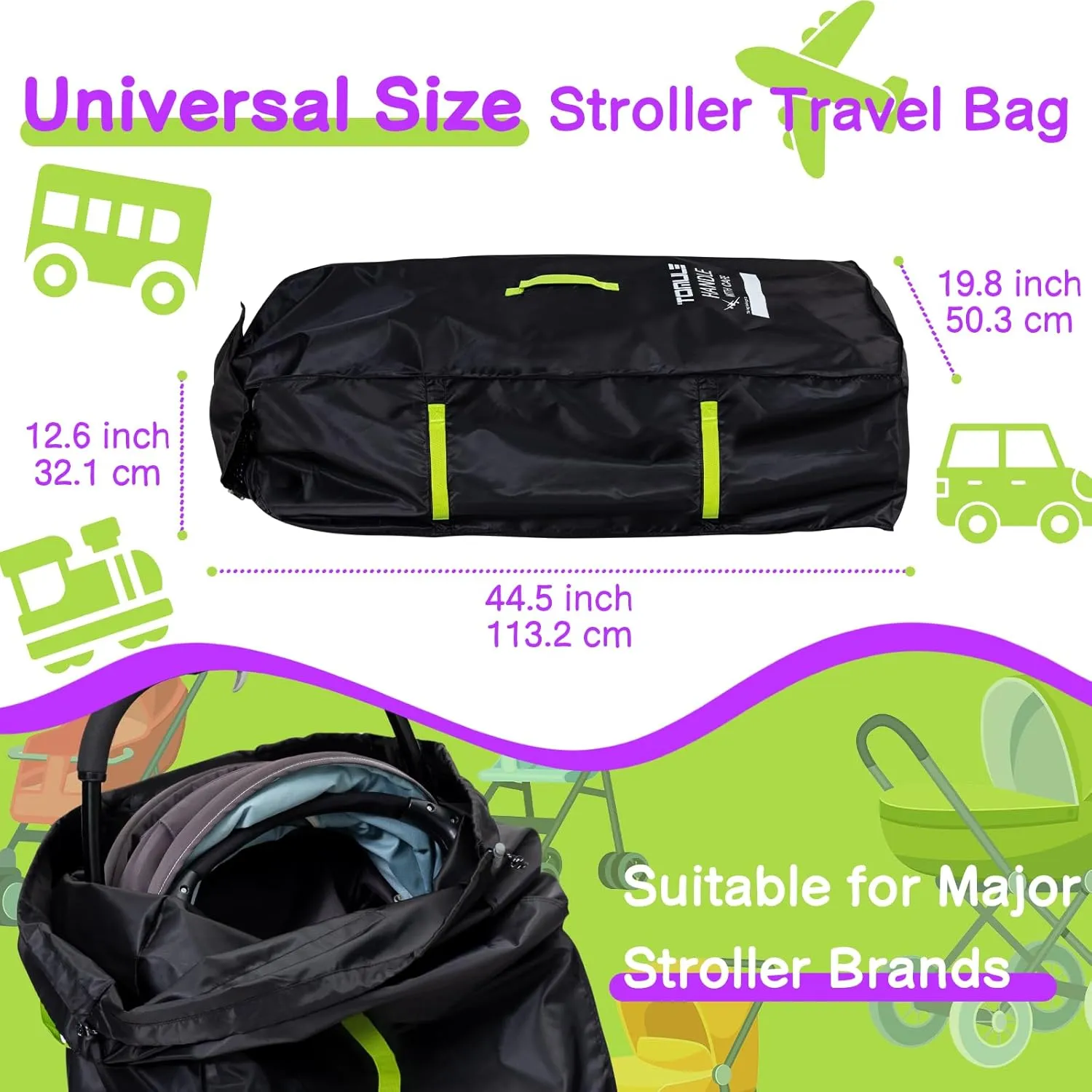 TOMULE Gate Check Stroller Bag for Airplane Travel,Waterproof Stroller Cover for Airplane Travel XL,Double Stroller Travel Bag for Airplane Padded(fits All Stroller, Black)