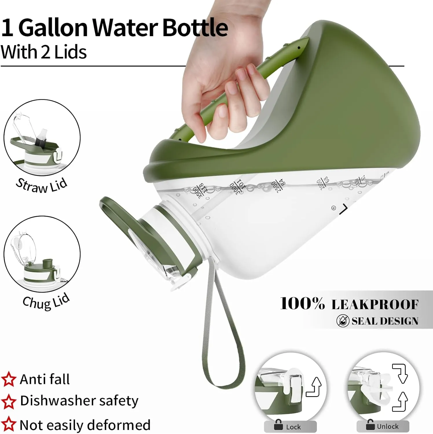 TOOFEEL 1 gallon water bottle - 128 oz water bottle with Straw & Chug Lid - BPA Free Big Water Bottle with Handle - Gym Water Bottle - Military Green and White