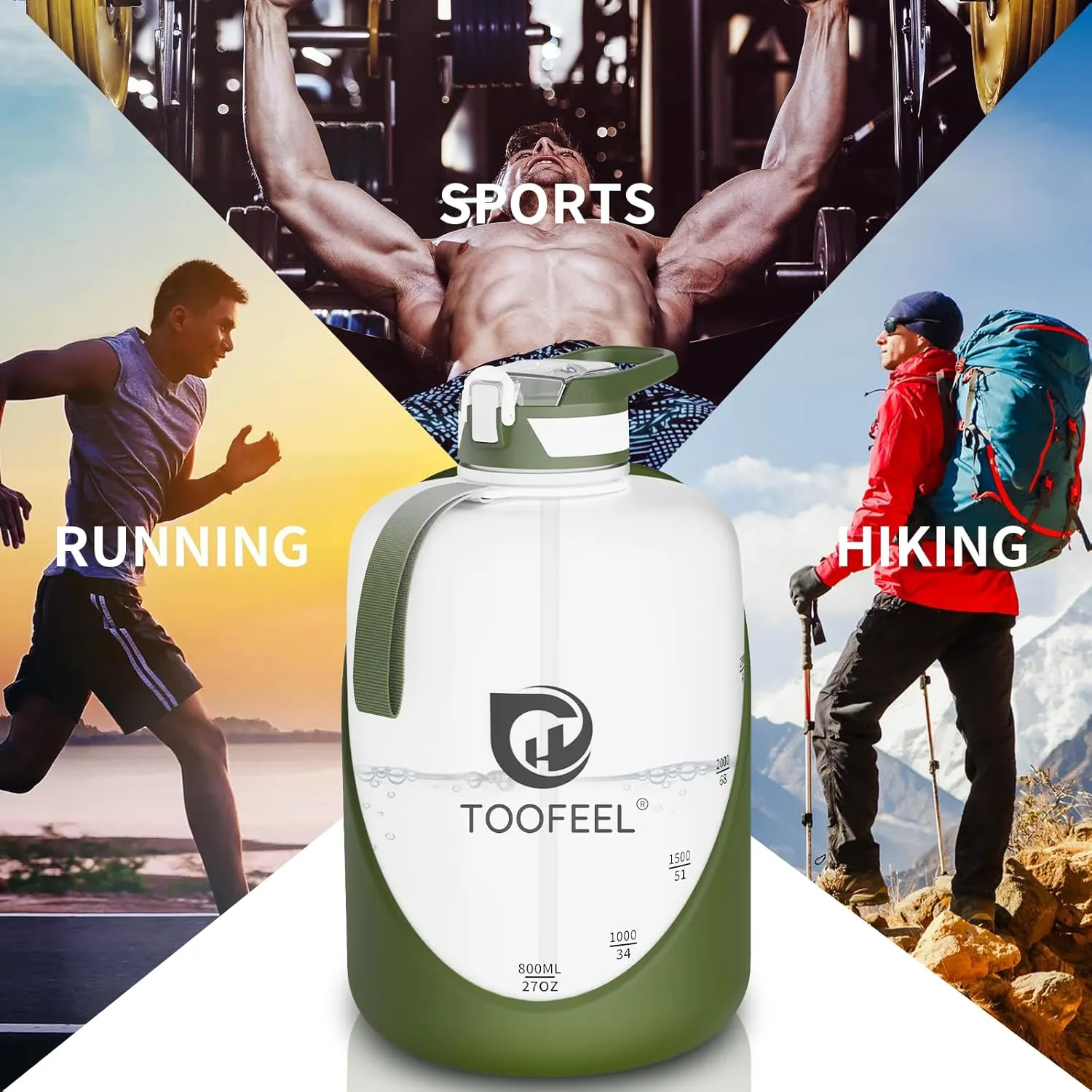 TOOFEEL 1 gallon water bottle - 128 oz water bottle with Straw & Chug Lid - BPA Free Big Water Bottle with Handle - Gym Water Bottle - Military Green and White