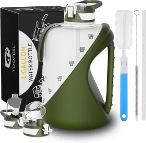 TOOFEEL 1 gallon water bottle - 128 oz water bottle with Straw & Chug Lid - BPA Free Big Water Bottle with Handle - Gym Water Bottle - Military Green and White