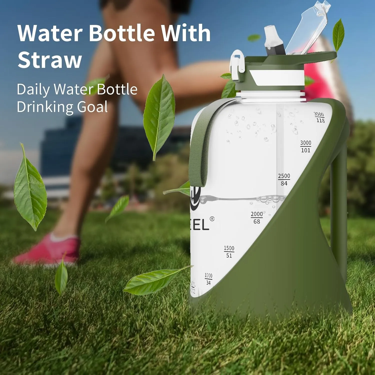 TOOFEEL 1 gallon water bottle - 128 oz water bottle with Straw & Chug Lid - BPA Free Big Water Bottle with Handle - Gym Water Bottle - Military Green and White