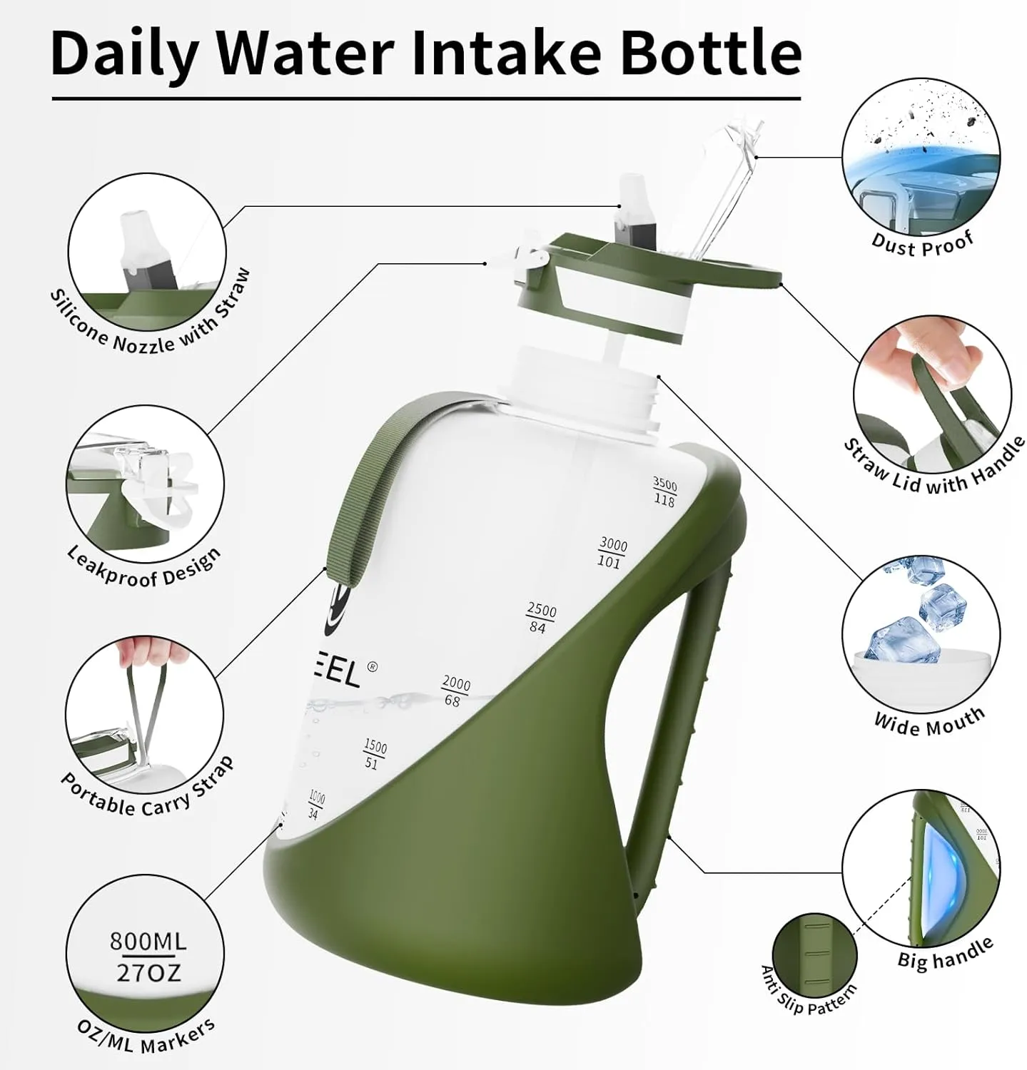 TOOFEEL 1 gallon water bottle - 128 oz water bottle with Straw & Chug Lid - BPA Free Big Water Bottle with Handle - Gym Water Bottle - Military Green and White