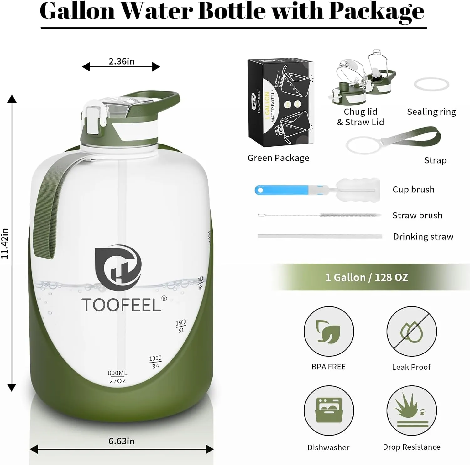 TOOFEEL 1 gallon water bottle - 128 oz water bottle with Straw & Chug Lid - BPA Free Big Water Bottle with Handle - Gym Water Bottle - Military Green and White